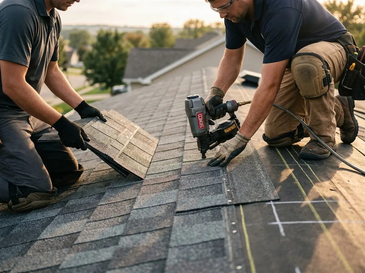 Professional roofer working on a residential roof in College Place